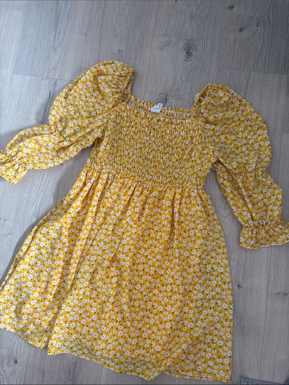 Yellow Floral Smocked Puff-Sleeve Dress